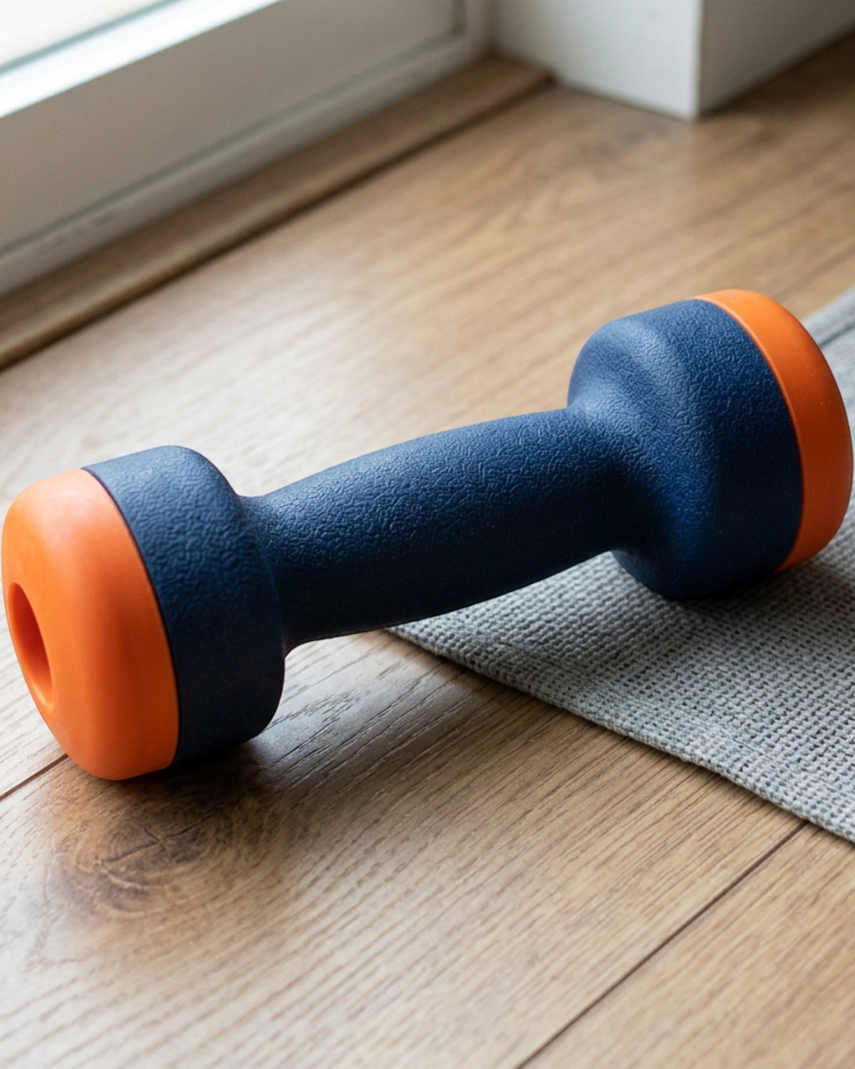 Qurba TPR Treat-Dispensing Dumbbell Navy Orange 18 cm - Lifestyle view